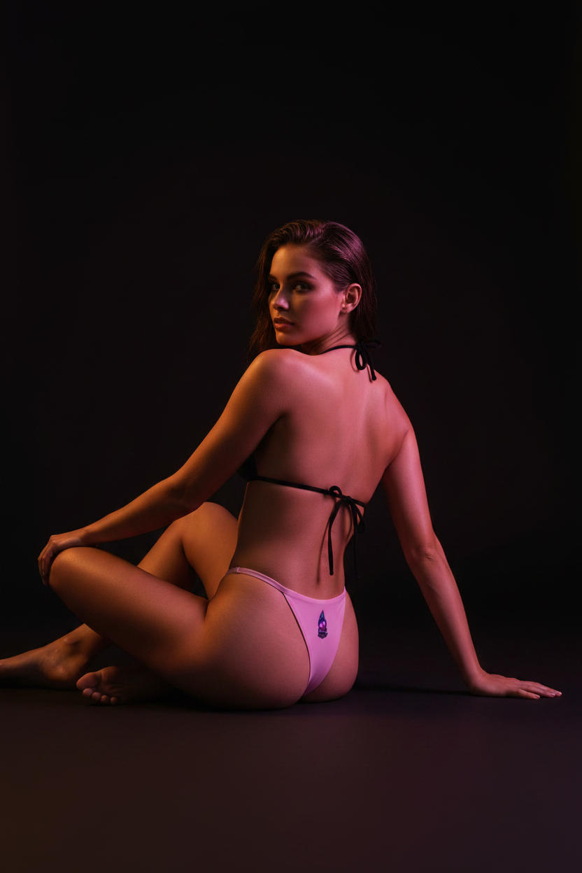 Floor sit back — legs folded, amber/magenta tones