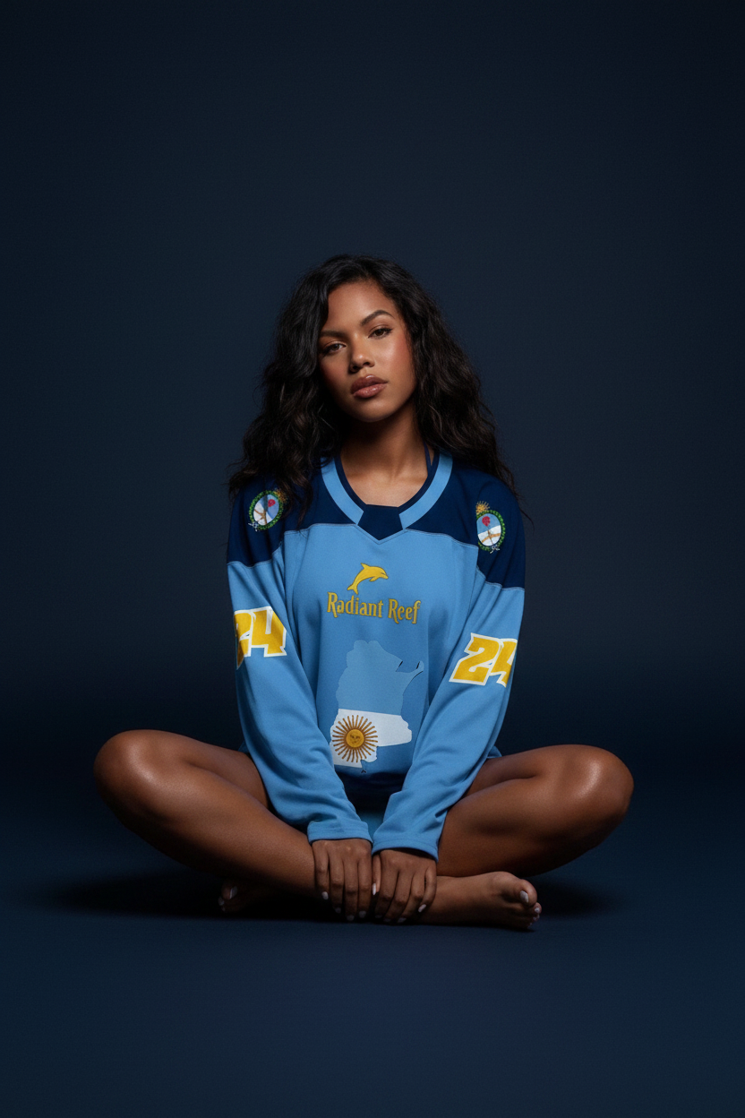 Floor sit — jersey draped open, cool blue accent